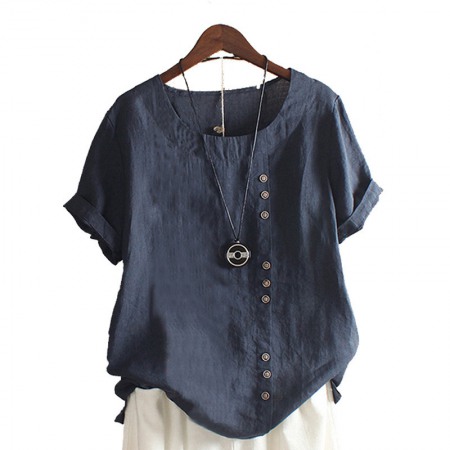Retro Plus Size Casual Loose Cotton and Linen Short-Sleeved Pullover T-Shirt Women's Clothing